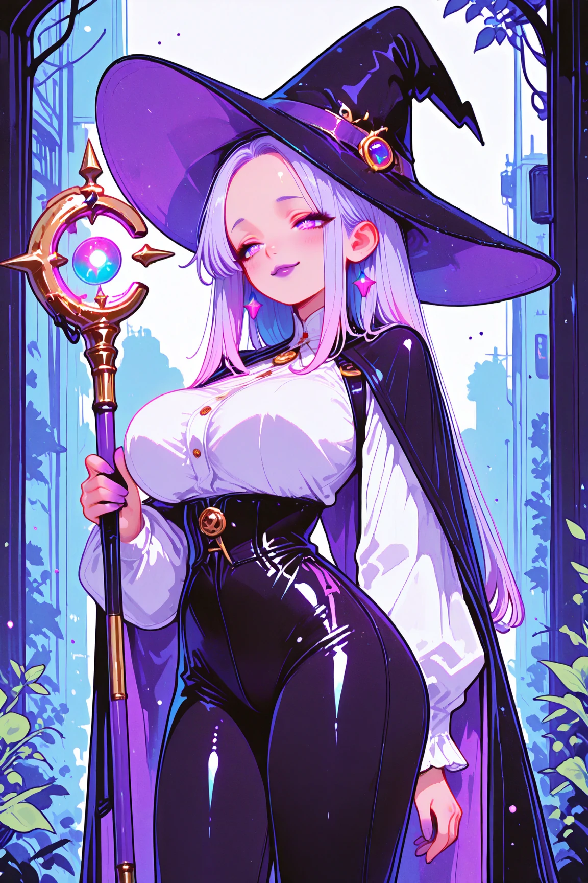 (masterpiece, best quality, ultra detailed, beautiful illustration), atmospheric perspective, depth of field, beautiful detailed eyes, anime eyes:1.4, looking at the viewer, (cowboy shot), sexy pose, dynamic angle, (space vista, cosmic vista, galaxies, nebulas), 1girl, seductive smile, (gigantic breasts), <lora:diabellze-ygo-richy-v1:1> diabellze, blue eyes, blonde hair, purple hair, multicolored hair, witch hat, white coat, white bodysuit, multiple belts, (floating apple in front of her:1.6)