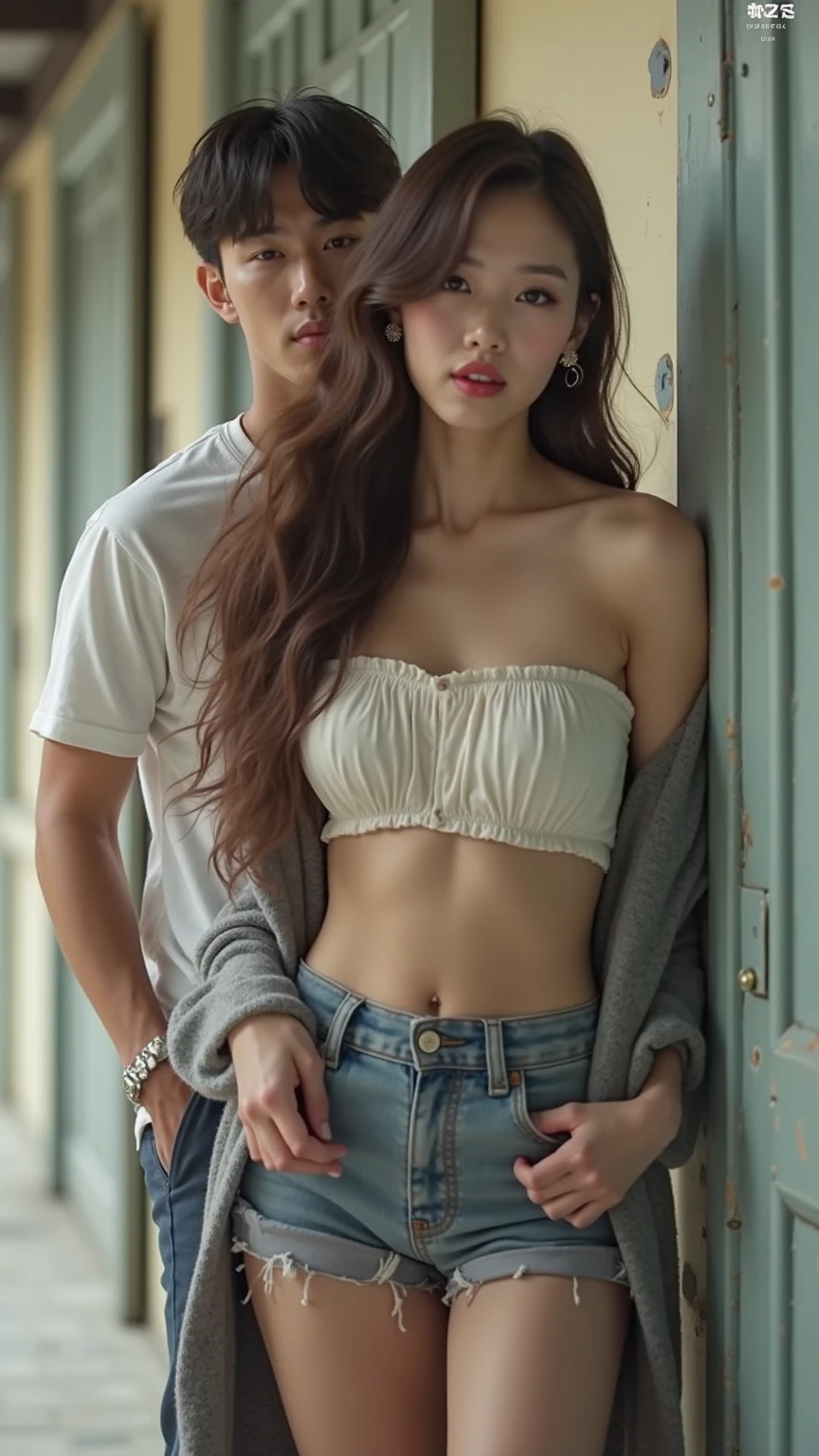 (old hairy dirty old man with torn clothes 90 years bearded),(Holding her from behind and talking in her ear),other men catching her ,picking up in lap, white crop top and dark blue shorts jeans,40k, photography, masterpiece, best quality, (1 indian girl ), (white crop top and dark blue shorts jeans ),elderly man leaning against her from behind picking her up,