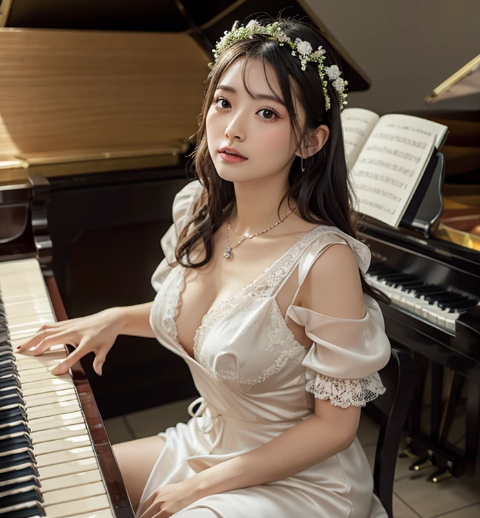 (1 female)、Highest quality、masterpiece、Ultra-high resolution、(Photographic realism:1.4)、Original photo,there is a woman that is playing a ピアノin a room, playing piano, orchestra, Members of the music troupe、Philharmonic、Standing in a beautiful and bold lace dress、straight, Black Hair、Delicate hair details、In front of a large audience, Beautiful Asian Girl, serenity and elegance, Great composition,