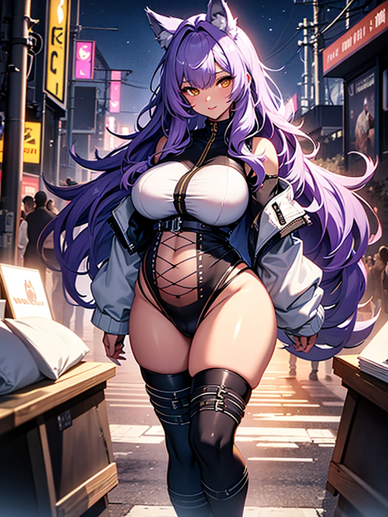 top-quality、Top image quality、masterpiece、girl with((18year old、Best Bust、big bast,Beautiful purple eyes、Breasts wide open, Purple ponytail、A slender、Large valleys、Purple Sports Bra、Black jacket,Purple shorts,Red high heels、Reflecting the whole body、Purple Necklace、Red face、Slippery texture、Headphones on the head,Holding your phone in your hand、Flying Attack Drone、posterior view、emphasis on the buttocks、Anxious face))hiquality、Beautiful Art、Background with((A city that shines at night)))、,masutepiece、visualart、depth of fields、