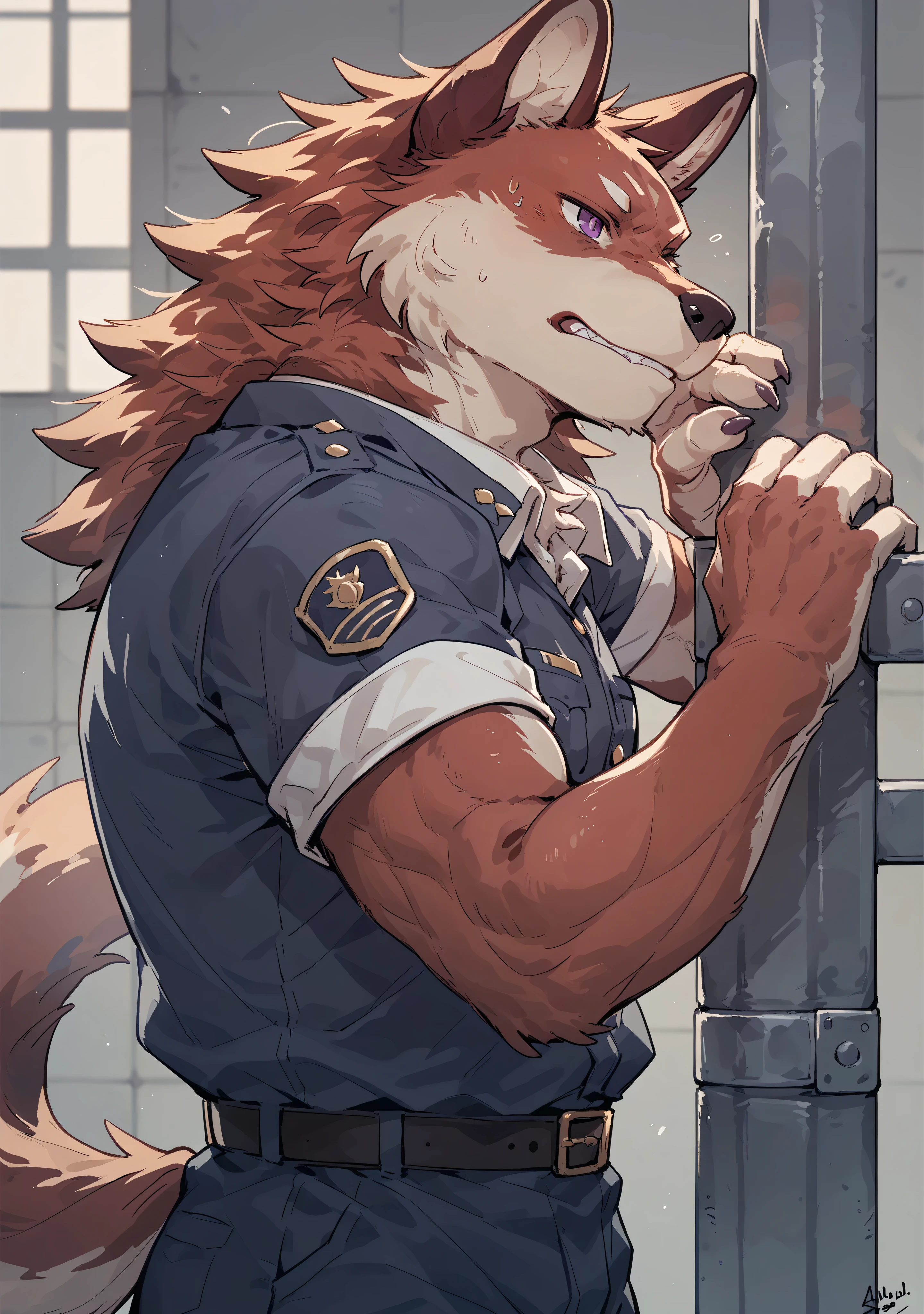 Feel, kemono ,breakpoint _9_Up,Fraction_8_Up,Fraction_7_Up,Fraction_6_Up,Fraction_5_Up,Fraction_4_Up,, Wolf, (eyes with purple pUpils), Wearing a prison guard uniform,muscles,'s only,Wolf tail,3 moles near the eyes,watching the audience,red fur, prison 