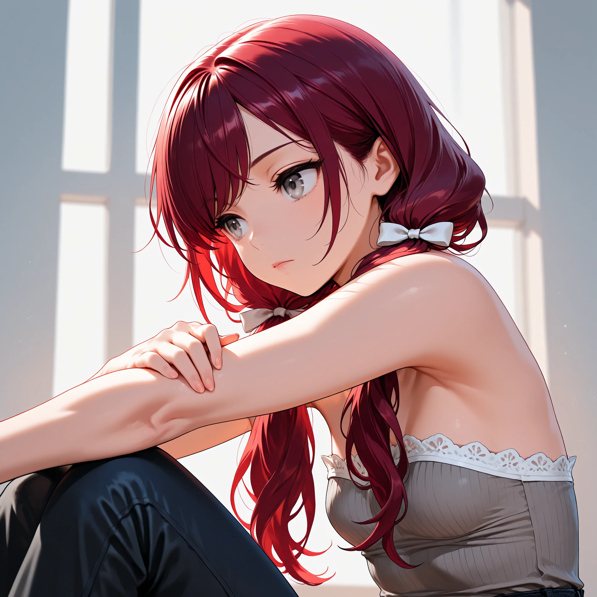 (masterpiece, best quality), solo, intricate details, JK, 1 expressionless girl, looking to the side, hand on own arm, beautiful face, Gray eyes, Dark red hair, long swept bangs, long hair in low twin tails, hair bows, strapless sleeveless shirt, gray shirt, shirt with white trim, white frill trim, black jeans, small breasts, slightly toned arms, close up, portrait,
