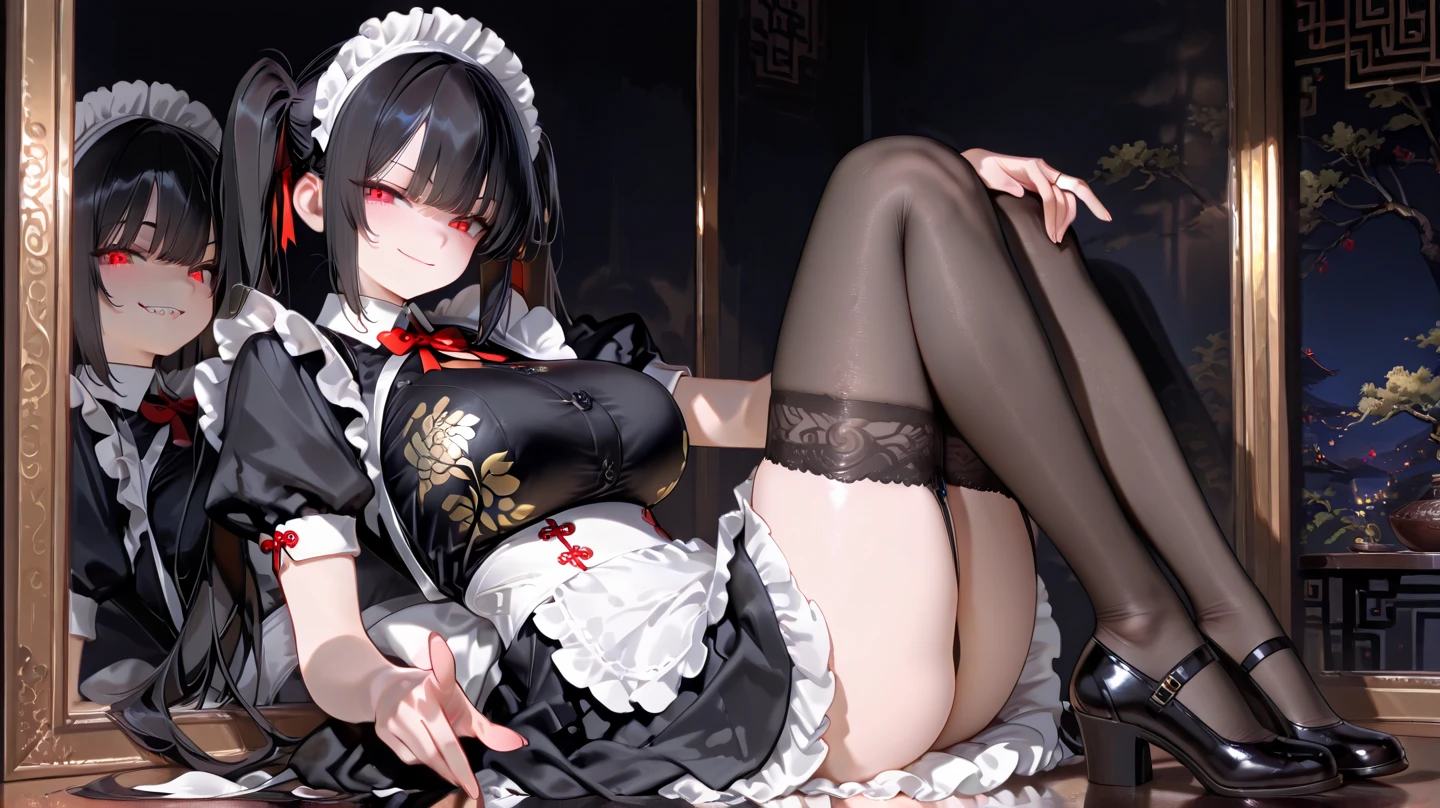 1 girl, maid hot, bikini, beaifulrealistic, hair over one eye, parted lips, blush, makeup, light smile, pajamas, glow, thighs, red eyes, collarbone, narrow waist, bedroom, window, moon, on side, (masterpiece), television, wallpaper, moonlight, underwear,