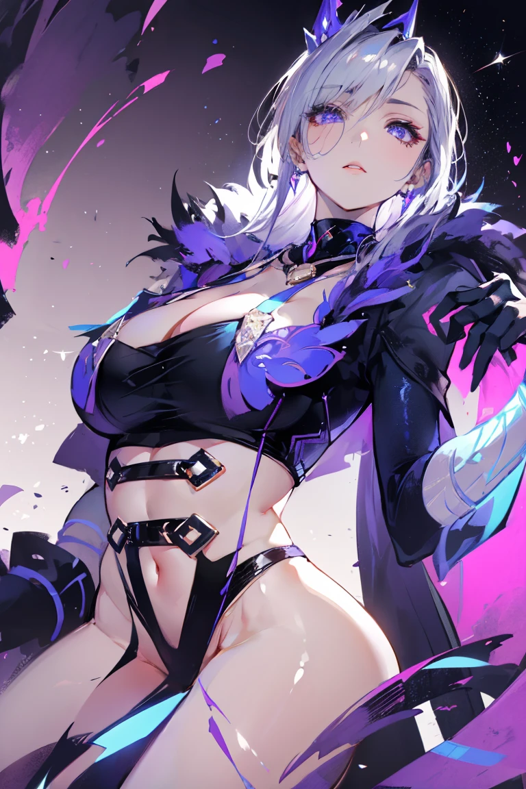 {{tmasterpiece}},Best quality,Very detailed CG-8k wallpaper,电影灯光,lens flare glow,Beautiful colored eyes,The kinky exposed,black lace bras,Colorful light,Particulate matter,heterochromatic,(One color:1.5), (black color hair:1.5),Sexual turn,purple eye chest,Black maid string tore elf#39;nature,ragged company,Wearing patterned black,wrapped in a blurry white body,Use your arms as support,Legs are very thin and long,texture deliose hair