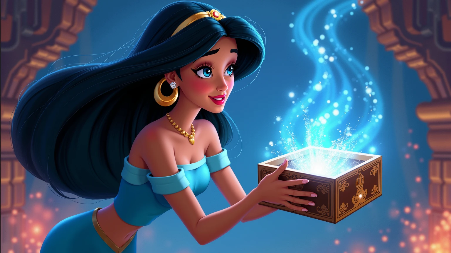 magic carpet,Aladdin,casino purple and gold feel,coin and money ,elf,Purple mood, gold coin anywhere Aladdin theme, casino magic background, a sexy beautiful asia elf with gold purple uniform, 3d rendering, 3k uhd quality,a bit magic feel, hand curry the Aladdin Magic Lamp have many coin, doll