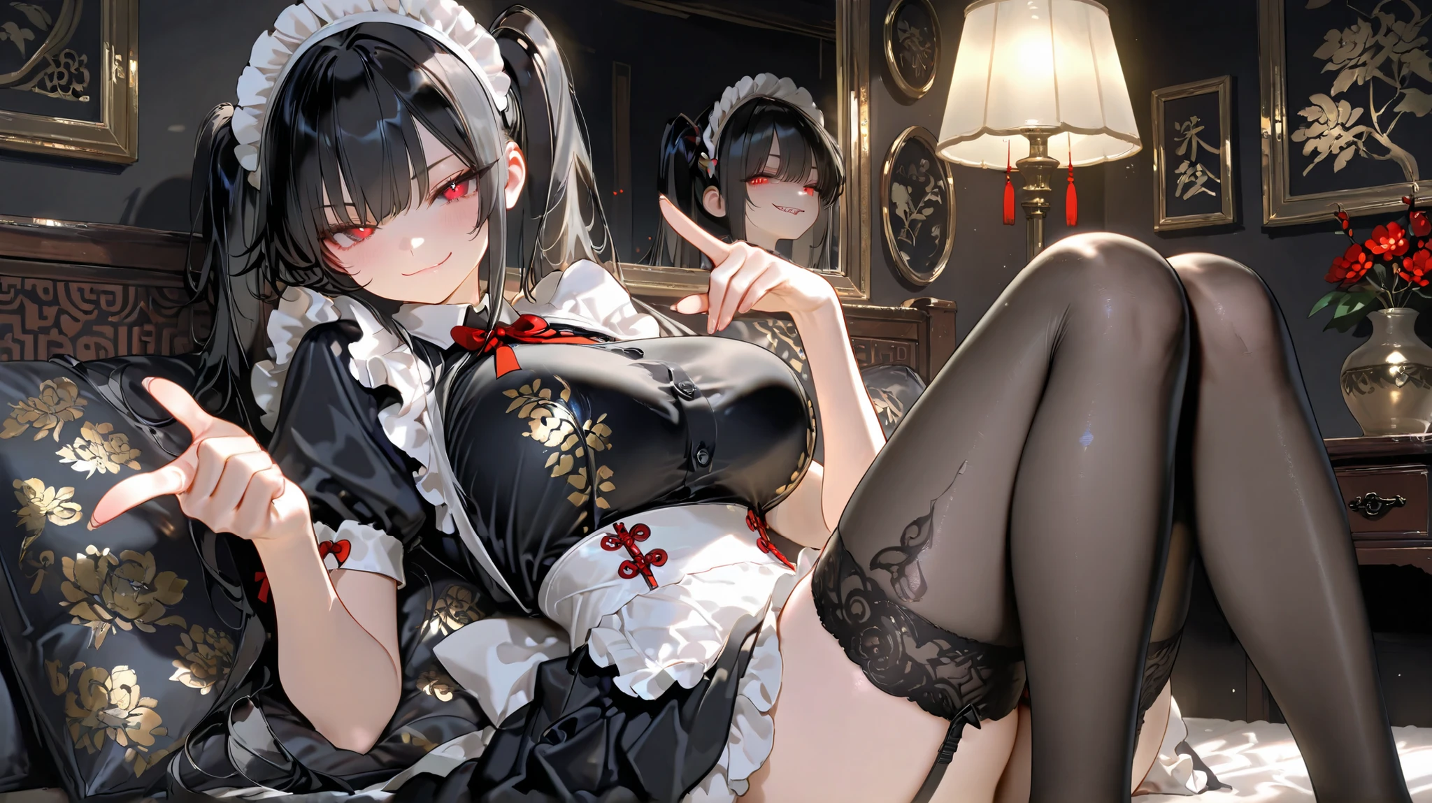 (((masterpiece)))、((top-quality))、detaileds、独奏、女の子1人、an lingerie、stockings、Pose Seductive、Kamimei、tongue