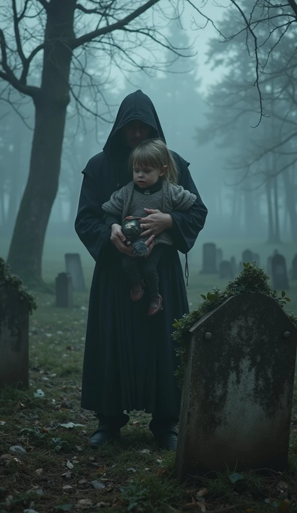 "A shadowy figure lurks behind a small child, who is sitting on the ground of a sinister, overgrown backyard, With an ominous sky above him."