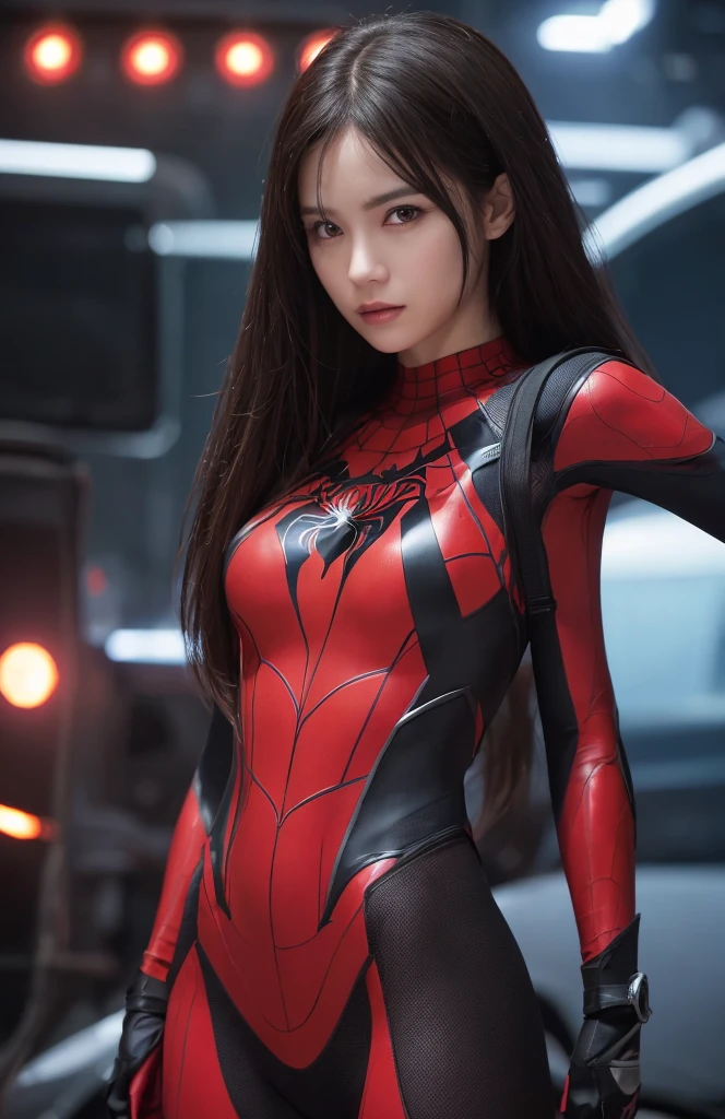 Close-up of Spider-Man in red and white costumes, big breast, no bra