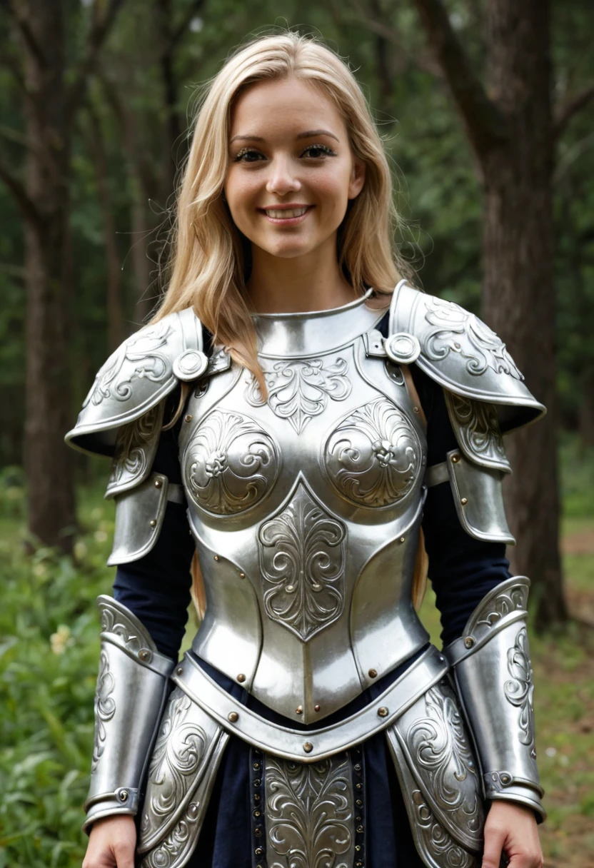 (masterpiece), (extremely intricate:1.3), (realistic), portrait of a girl, white hair, blue eyes, lovely smile, beautiful smile, smiling, the most beautiful in the world, (medieval armor), metal reflections, upper body, outdoors, intense sunlight, far away castle, professional photograph of a stunning woman detailed, sharp focus, dramatic, award winning, cinematic lighting, octane render, unreal engine, volumetrics dtx, (film grain)
