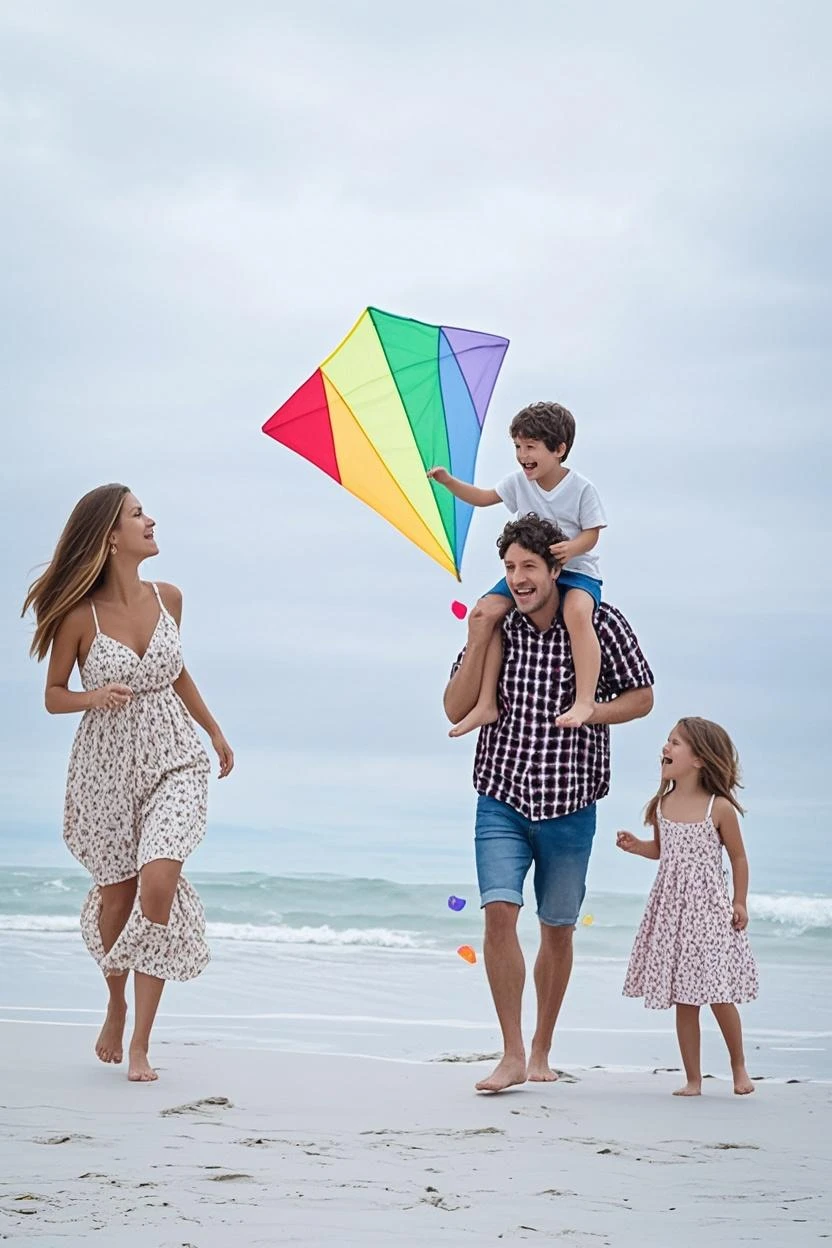 "(((Masterpiece))) ((impeccable quality)), ((ultra-decluttered brush painting)), ((realistic beach scenery in green neon style)), ((8-year-old boy smiling,running happily and flying the 3D kite)), ((8K FULL HD)), realistic aspect."
