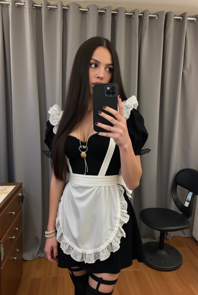 Play Jamile, a girl with very white skin, gothic girl, wears eyeliner, black lipstick, eyebrows, small and round nose, big mouth, black hair, green eyes, cheek with freckles.Wearing the same clothes, but completely black, in the same position, realistic photo, ultra quality