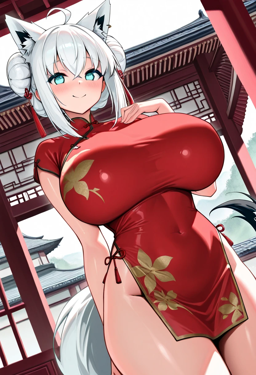 1girl,Sesshoumaru,sesshoumaru,mature female,(scornful eyes),yellow eyes,parted bangs,pointy ears,white hair,very long hair,red facial mark,forehead mark,alternate costume,arm at side,blush,braid,breasts,china dress,chinese clothes,curvy,dress,elbow gloves,bare shoulder,sleeveless,cleavage cutout,floral print,gloves,(blue and white porcelain gorgeous qipao,china dress,chinese clothes,dress),gigantic breasts,(areola slip),hip vent,print dress,indoors,holding,lips,looking at viewer,parted bangs,short sleeves,single braid,solo,standing,thick thighs,upturned eyes,white thighhighs,wide hips,