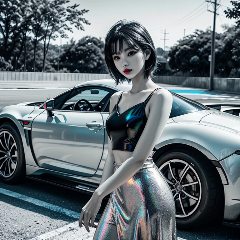 a beautiful girl in a tight dress posing next to a superdeportive car, hyper realistic, 8k, cinematic lighting, detailed facial features, photorealistic, volumetric lighting, dramatic shadows, highly detailed, intricate details, stunning, exquisite, flawless skin, elegant pose, impeccable fashion, glossy car paint, smooth metallic reflections, depth of field, cinematic framing