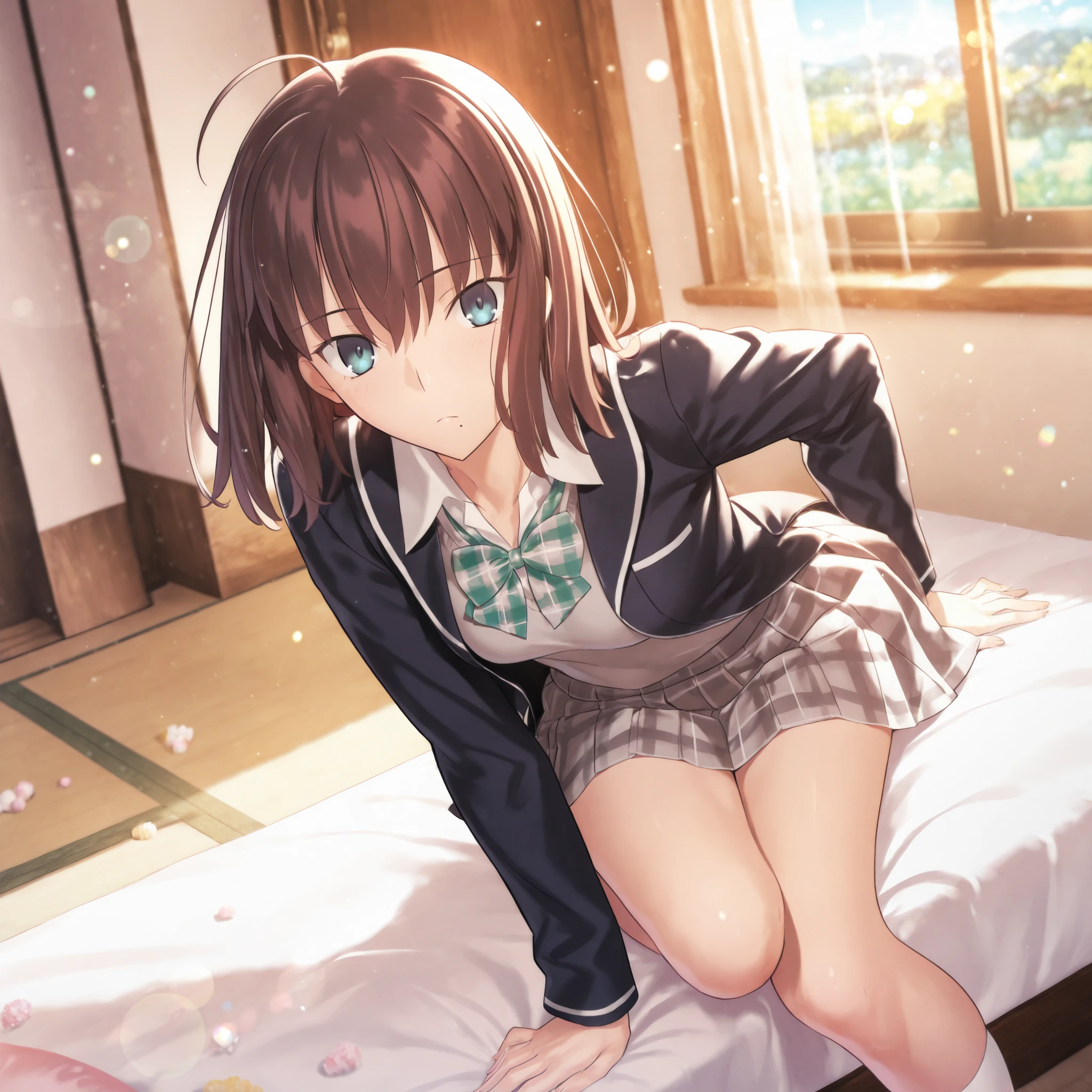 masterpiece, , absurdres, highres, detailed background, high resolution, masterpiece, necessary, detail, best quality, quality, necessary, details, High details, Precise, 8k, indoors,(colorful light particles, powder light,),day lens flare, blurry background, from above,
1girl, Takeuchi Takashi (type-moon,\) style, , koyama hirokazu style, (aged up),(sky), sitting,((very long thighs)),leaning forward,
very tall girl, (slender body, slim arms, slim bod), solo, mole under mouth,
sajouayaka (Fate_Prototype), dark brown hair, medium hair, blue eyes, tsurime ,bangs, hair between eyes, ahoge, ,(school uniform ,dark blue open jacket ,gray sweater, white undershirt ,grey brown skirt, pleated skirt, plaid skirt),socks, small breasts,(looking at viewer),((green bowtie)), loafer,, , ,