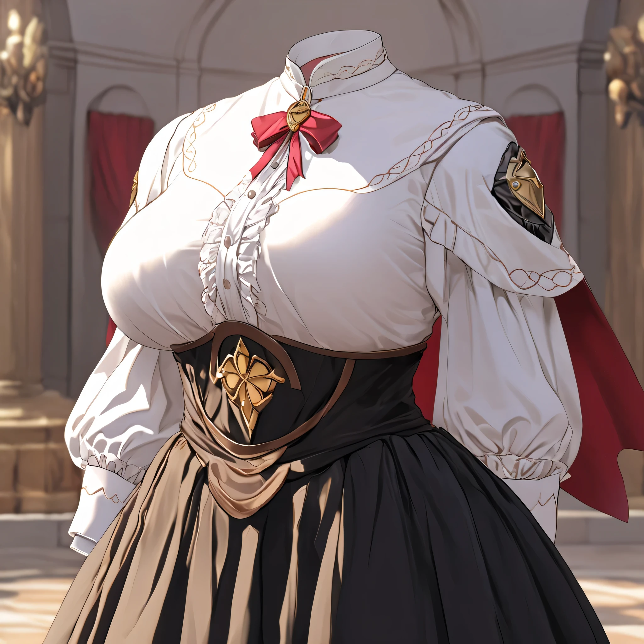 Hilda Valentine Goneril, white blouse, black skirt, Garreg Mach uniform, masterpiece, happy pose, in university, (invisible:1.5, no humans:1.5, headless:1.5, faceless:1.5), cute big huge breasts, detailed cloth texture, extremely details, close-up to breasts
