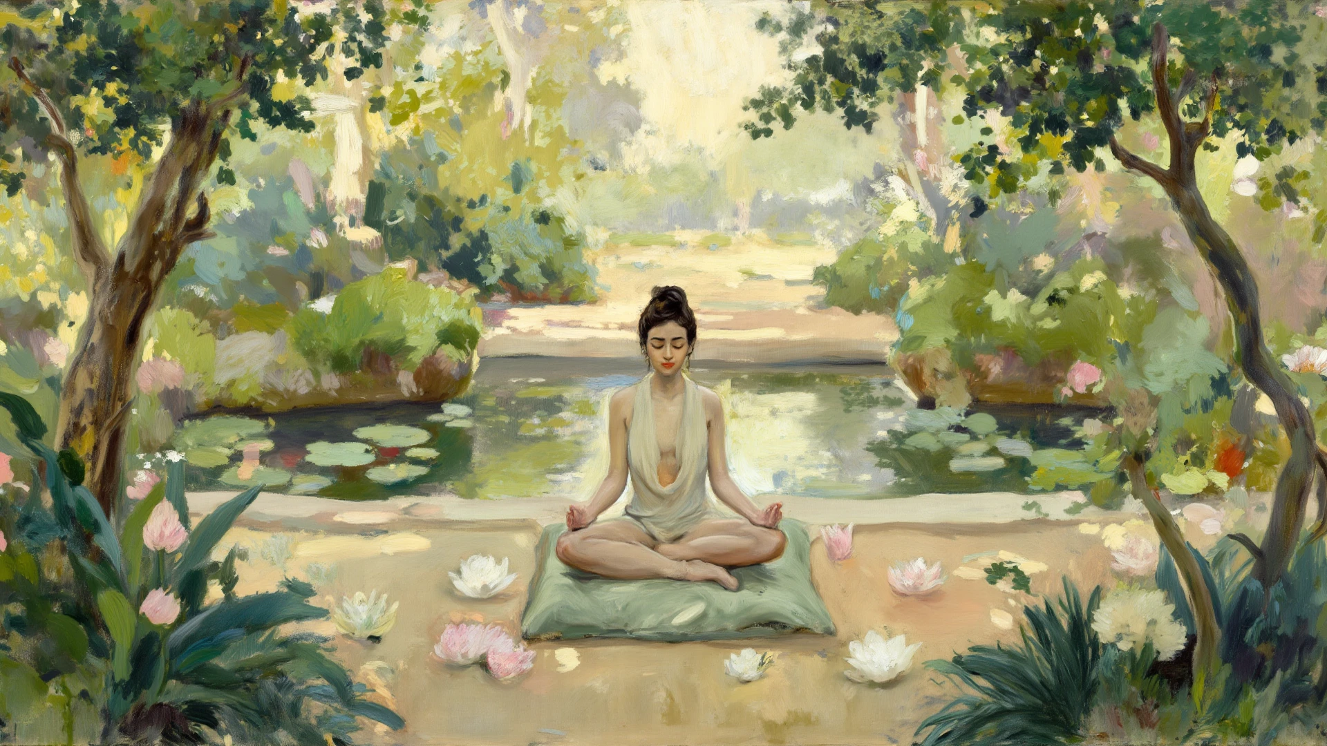 An wide show of Lord Shiva levitating low in a meditation pose with his eyes shut and a tear of bliss. Tropical rainfall, lush flowery jungle and a pond with lotus flowers in the background. A sunbeam shines upon Shiva.