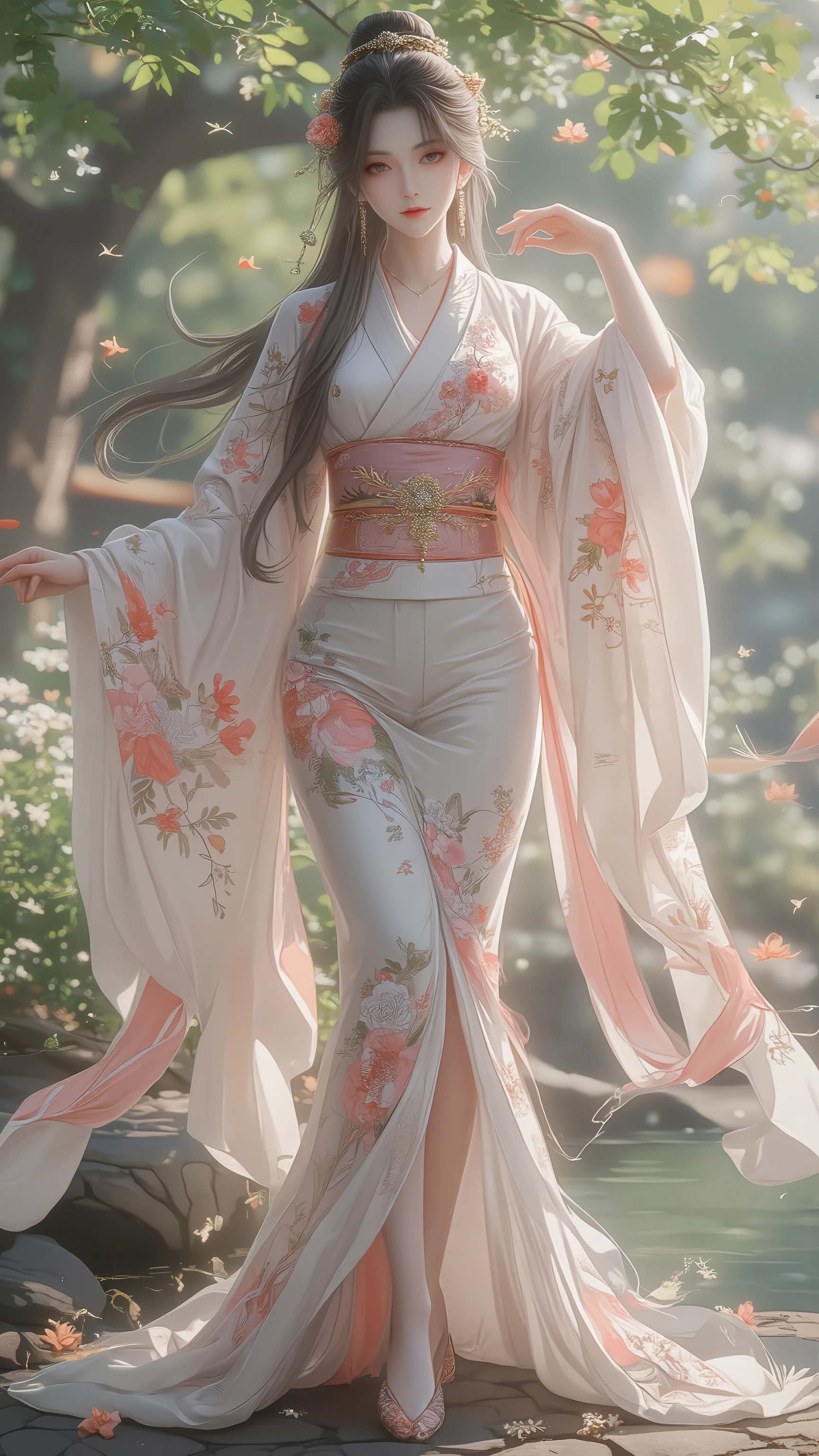 <lora:æé¹¤-å½é£-ä¸çº¸éè¡£_v1.5:0.7>,1girl,solo,flower,hanfu,water,bare shoulders,black hair,chinese clothes,off shoulder,dress,long sleeves,hair ornament,branch,single hair bun,white flower,leaf,red lips,jewelry,(complex background),(gorgeous costume:1.1),(flowers surround the picture:1.2),(full body:1.2),<lora:GoodHands-beta2:1>,<lora:add_detail:0.2>,<lora:hime_style-1.0r8:0.2>,(hime style),straight hair,((hime cut)),(blunted bangs),(draped hair),(cascading hair),(flowing hair),, ultra wide angle shot,cinematic style,8k,RAW photo,photo-realistic,masterpiece,best quality,highres,extremely detailed,intricate details,absurdres resolution,High quality texture,detailed texture,colorful,professional lighting,radiosity,photon mapping,physically-based rendering,High quality shadow,Ray tracing,perfect body,perfect face,hdr,slim long legs,perfect hands,perfect feet