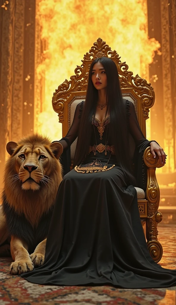 a young korean woman sitting on a throne with a lion and a gun, beautiful queen, official artwork, sitting on her throne, best artwork, queen dressed in a modern suit, promo art, queen goddess, queen portrait, queen ruler of the universe