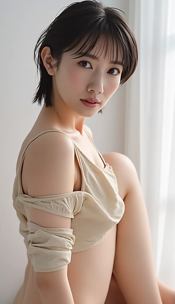 ((Top Quality, 8k, Masterpiece: 1.4)), A Japanese Lady, very short hair, buzz cut, Naked, Skinny, 25-years old, look at a camera, spread her legs, inside bedroom, huge breasts, (spread pussy:1.1), (wet pussy:1.1)), ((wet body:1.0)), ((orgasm face:1.2), closed eyes, ((black tank top:1.0)),
