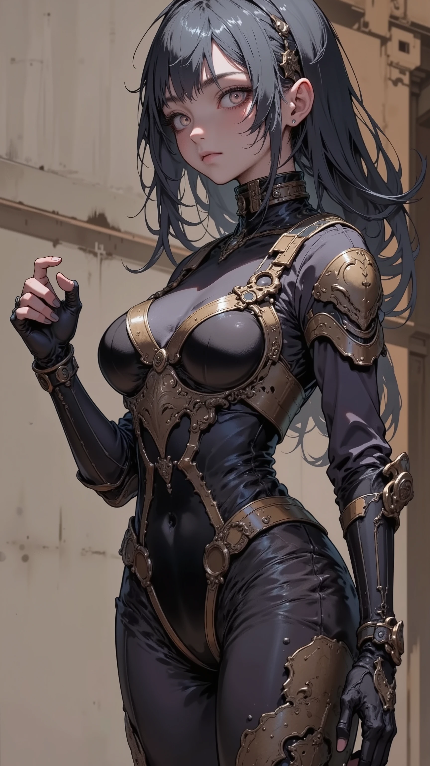 Dark background, cool colors, extremely beautiful busty milf in suit, huge hanging tits, small waist, extremely wide hips, hat, muscular, broad shoulders, looking down, black suit