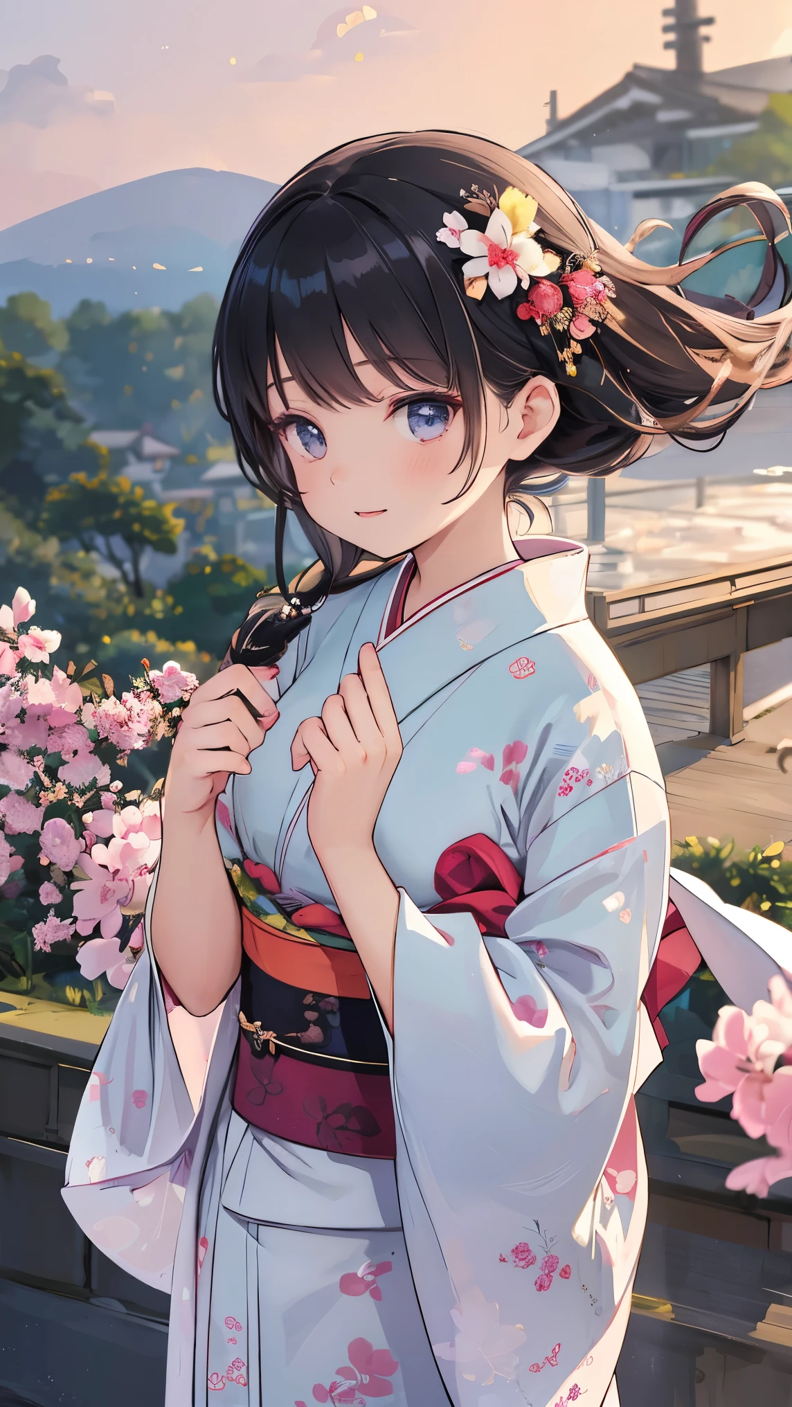  beautiful woman in kimono , Furusode fluttering in the wind, 