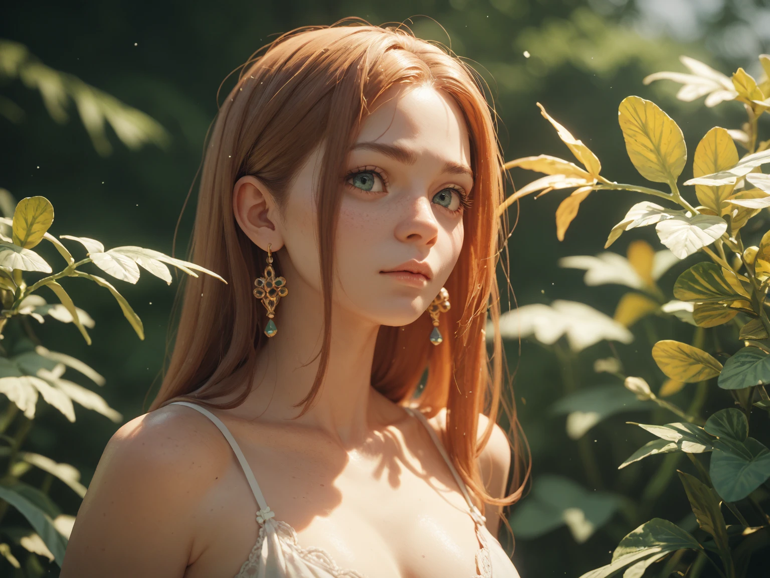 Create a digital masterpiece of the highest quality and detail. Depict a redhead woman, 18 years old, with blue eyes. She has signs of malnutrition, visible in her appearance, and wears an eyepatch over her right eye. Her left eye exhibits signs of astigmatism with a slightly elongated pupil shape. The scene is set in a forest at night, with the naked woman standing facing forward, holding a lantern that illuminates her surroundings. She has a gentle smile on her face. The background features a serene and tranquil atmosphere, illuminated by the soft light of the lantern and moonlight filtering through the trees.