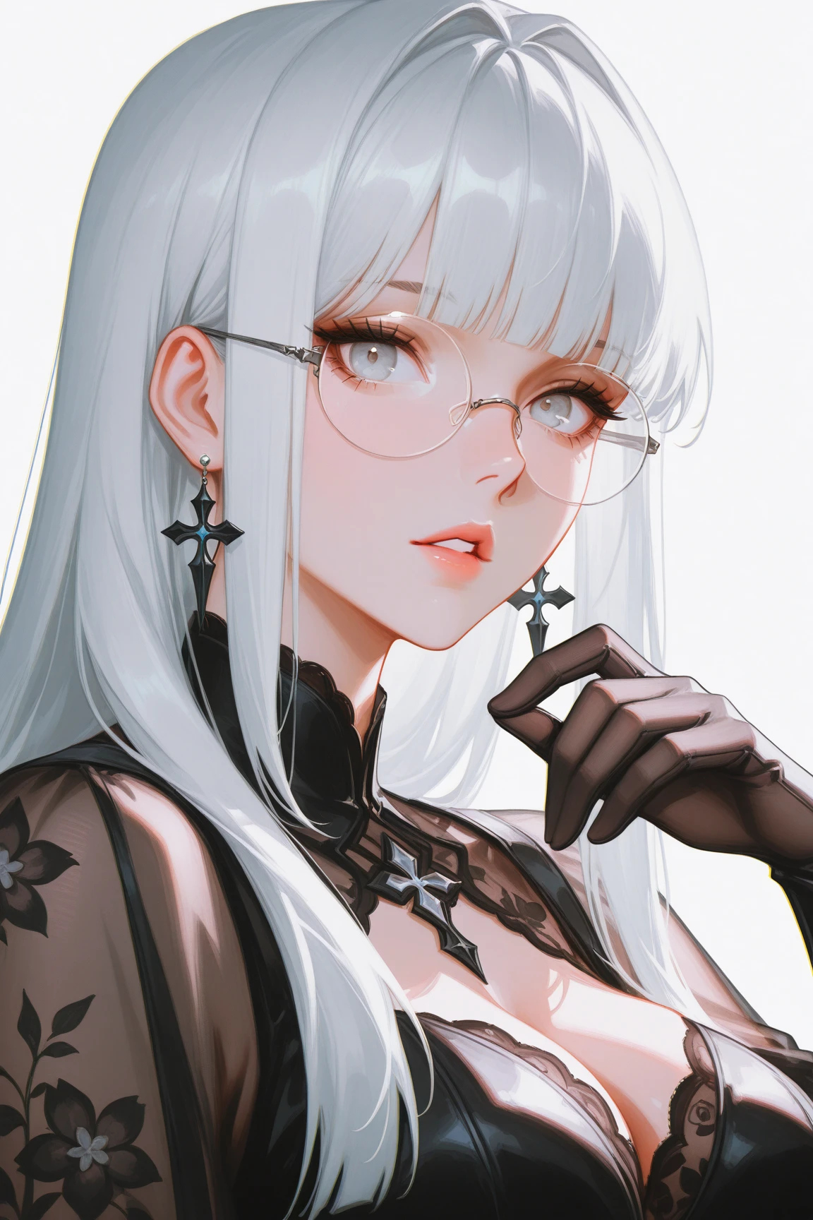 1girl in, adjusting clothes, bad-girl, Black Gloves, cleavage, earrings, Glasses, gloves, Jewelry, Lace, Lace trim, Large breasts, Lips, Long hair, Looking at Viewer, makeup, Parted lips, Red background, Red Eyes, Red lips, Round eyewear, Solo, Sunglasses, tinted eyewear, Upper body, White hair