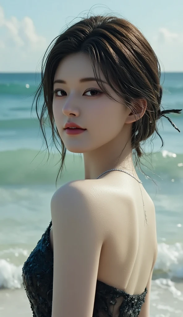 Bondage, 8yk, Raw Photo, (Masterpiece), (Best Quality), Hi-Res, (One Girl), (Realistic, Photorealistic: 1.2), Ultra-detailed physically based rendering, necklace, earrings, air bangs, hair ornaments, sunset, collarbone, wristband, navel, long hair, brown hair, ahoge, single girl, medium breasts, beach, wavy hair, thin 、、、、