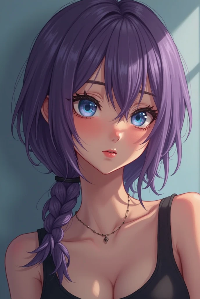 17 year old girl with shoulder length purple hair and dark blue eyes. Light skin tone, with a mischievous smirk and a prefect gentle body. Naked. 