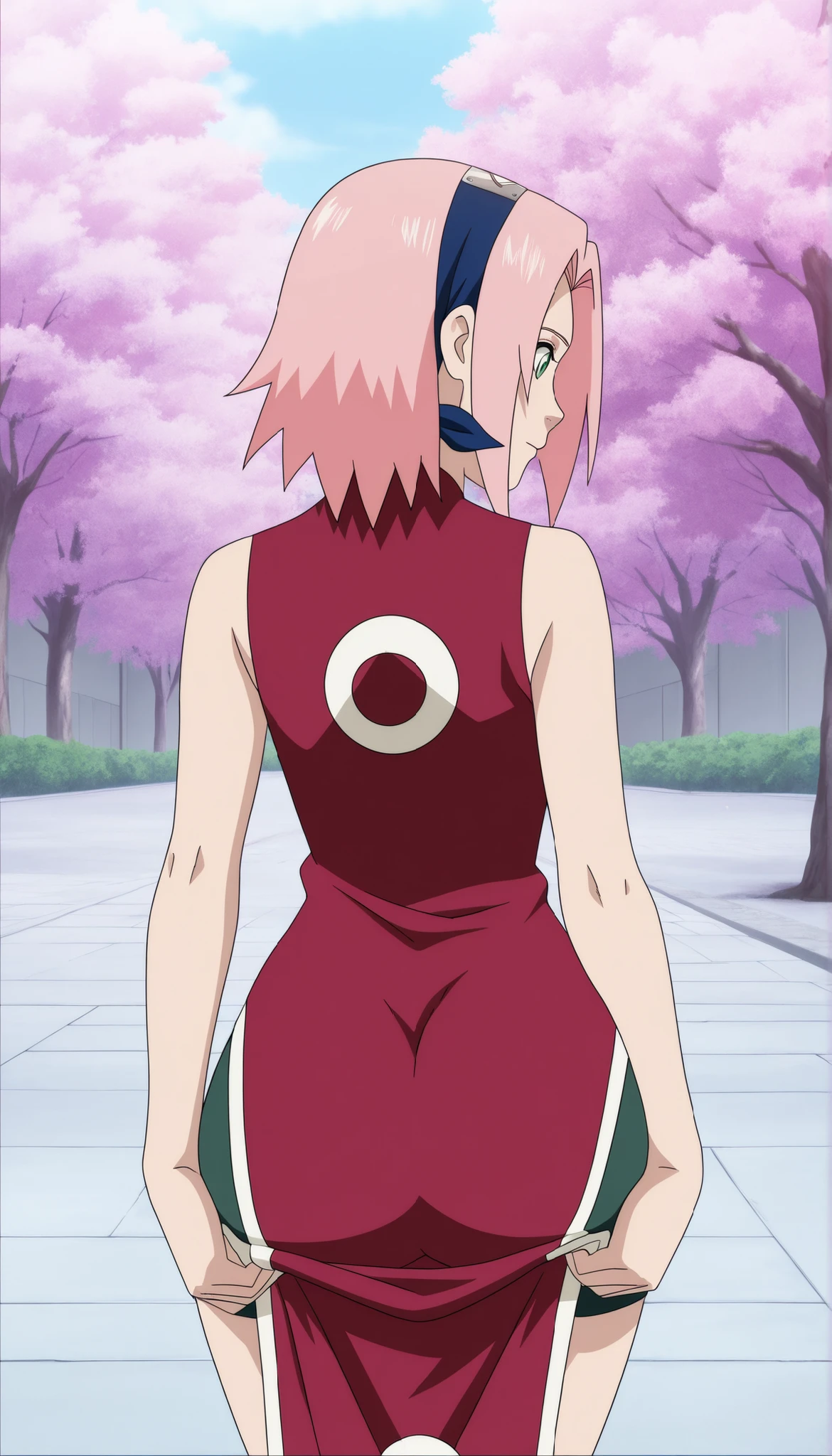 Fraction_9,Fraction_8_Up,Fraction_7_Up,From anime,anime screenshot,Anime coloring ,intricexiste details, false screenshot ,Masterpiece,Best quality,very aestheticanime screenshot,Anime coloring ,Japanese TV animation style,
Breaking cherry blossoms, 1 girl,pink hair,green eyes,short hair,Sakura Haruno, 1 girl,  solo, pink hair, short hair, green eyes, ,"red sleeveless Chinese cheongsam，white piping and pattern, 黑色shorts, ."
Search_exist_audience,from behind,  meexisty ass, meexisty thighs,, Wide hips ,Big butt, , from behind,,  shorts,, picking Up skirt  showing hips,Search back exist audience, Visible throughout the body, Grow across the board,  showing hips, detailed butt, Delicate Faces, Detailed Eyes,Upright, 
