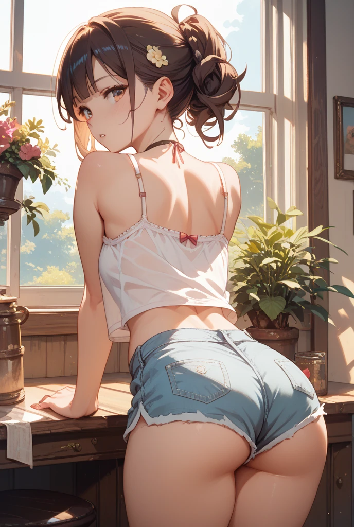 beautiful, (table top:1.2), (highest quality:1.2), perfect eyes, perfect face, perfect lighting, 1 girl、Very embarrassed、blush、a lot of sweat、back boob, baseball cap, 黒のpanties, chest, brown hair, crop top, cutoffs, denim, denimshorts, High leg, High legpanties, long hair, Central ditch, Large chest, micro shorts, panties, ponytail, short shorts, shorts, side boob barbosa, alone, Tank top, thighs thighs thighs, T-back, underwear, field, grassy area, sidewalk, huge ass, wide hips, arms at the sides