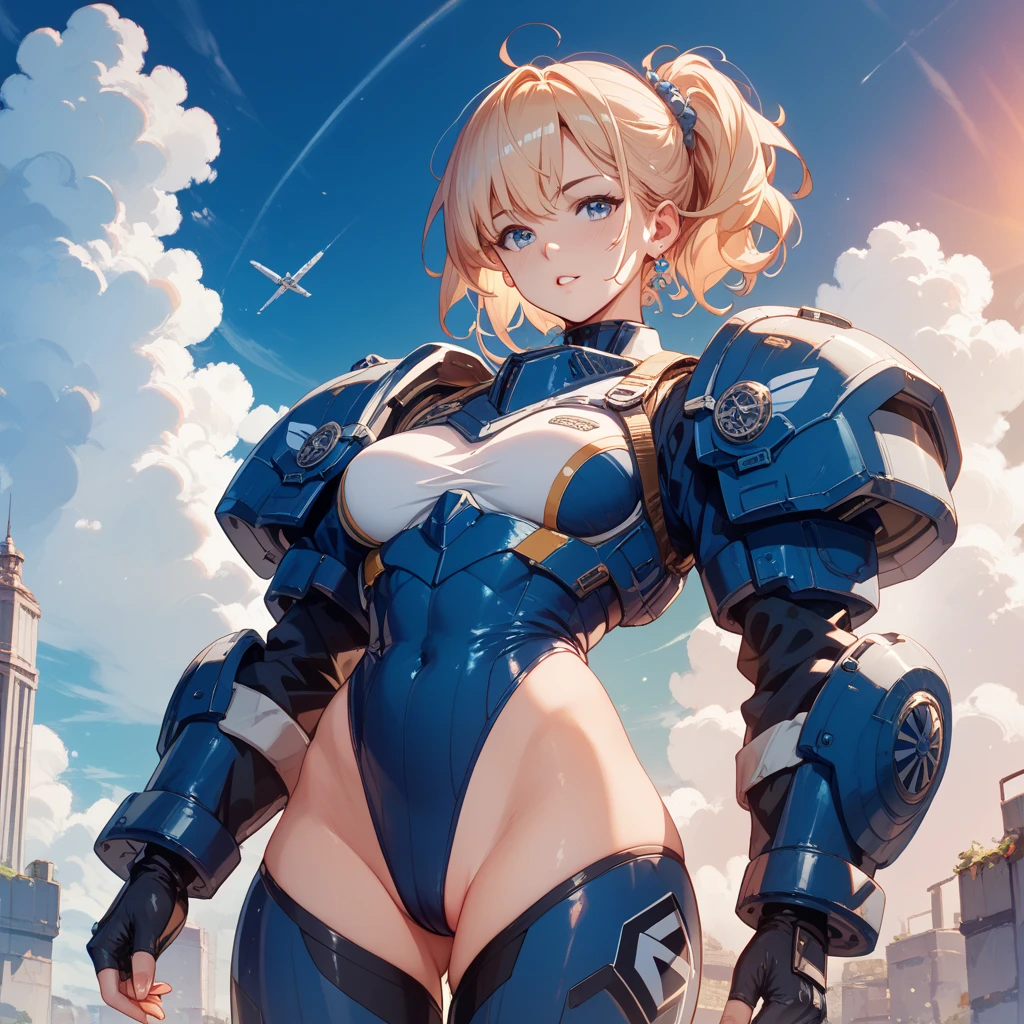 masterpiece, superb, high-resolution, one woman, blonde, short hair, pretty face, good style, high school girl, city, new york, (((super water vapor explosion)), steam explosion, smile, smile, detailed hands, detailed legs, angle from a distance 16k,