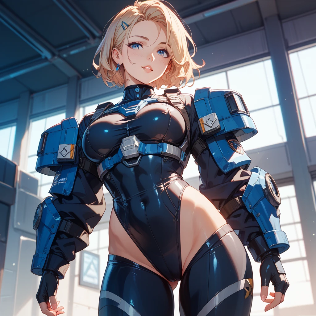 blue translucent armor,Arm mecha,blonde short hair,Long ponytail hairstyle,Huge Breasts,Cleavage,Pistol hanging from waist,fighter pilot,fighter hangar,Sexy,Lipstick,miss,Golden Eyes,stockings,Short skirt