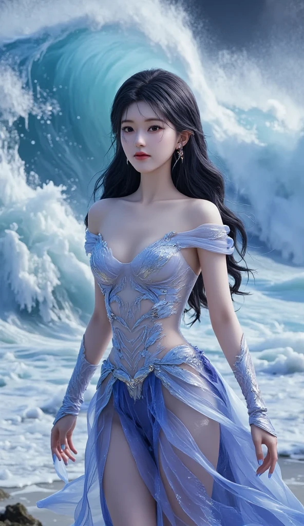 with high definition images，Young beautiful woman、Boat solo、Heroic Cape、Lonely、Highest quality、4K、HDR、Sea of stars、romantic、small、Sharp Focus、Super detailed、landscape、idealism、Large sword、dusk、High contrast、Dreamy atmosphere、Realistic、Black Hair、Piercing blue eyes、Stoic expression、Device、far away、Bokeh、Dramatically illuminated、Enchanting、、(((Voluminous breasts 1.8)))、(micro bikini 1.4)、(Saggy breasts 1.4)、(Cleavage 1.4),Seductive pose、Random Pause、cowboy shot、