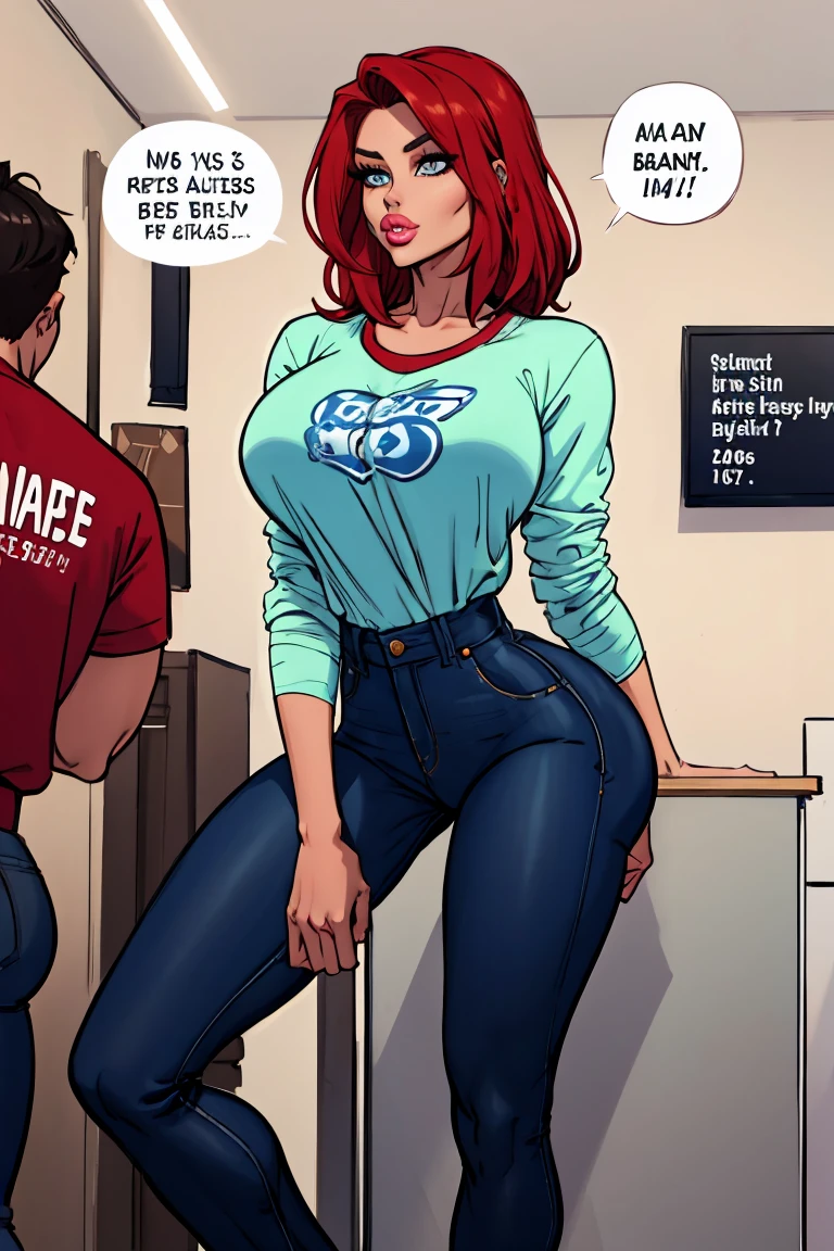 Jessica Rabbit is bored working as a cell phone salesperson. She wears a pink shirt and jeans and boots, she has big tits and a big ass, people watching cell phones