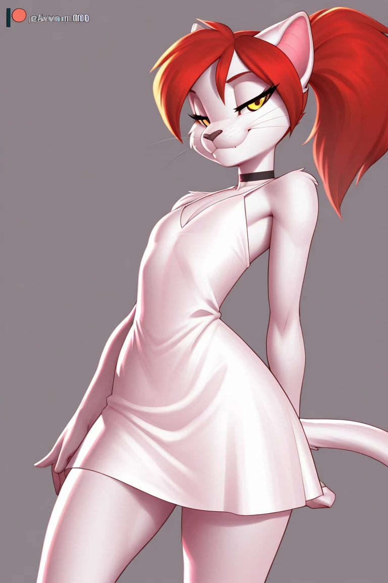 <lora:terrie_smith:0.7>,terrie_smith,female,abstract background,illustration,cartoon,pinup,lioness,hand on neck,on bed,detailed,dress,