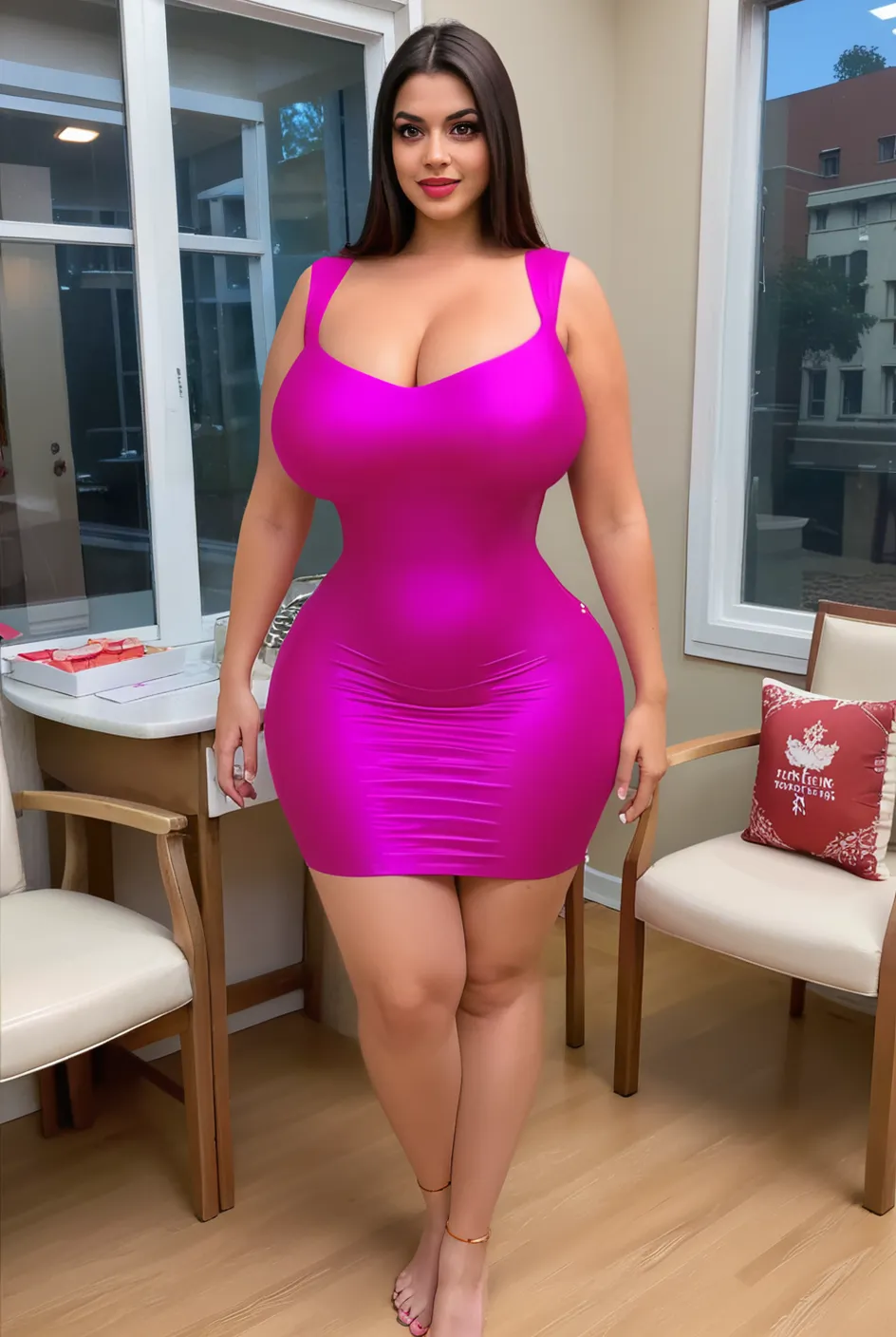 Madhubala an Indian sexy curvy plus size body beautiful actress in a SHEIN MOD Women's Pleated Waist Cami Dress color baby pink and red lipstick posing for a picture in a Zermat, camera front facing, smilling face, head to toe view, full body shot, hourglass body shape, curvy plus size body, bigger waist, busty, big hips, fleshy thighs, thick thighs, busty, full body view, head to to view, american woman, full body shot, sexy girl, beautiful curves, curvy model, attractive curves, attractive feminine curves, gorgeous woman, Zermatt background