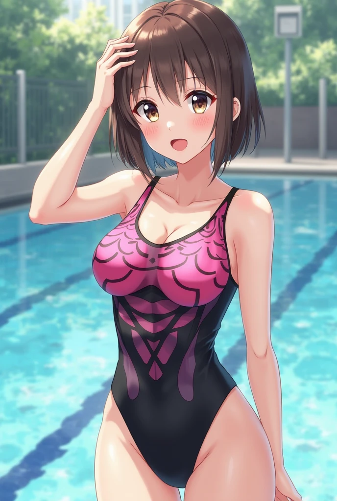 1girl, solo, masterpiece, best quality, high res, highly detailed, (illustration), beatiful detailed eyes, yuigahama yui, single hair bun, glossy lips, star-pattern swimsuit, cleavage, facing viewer, swimming pool