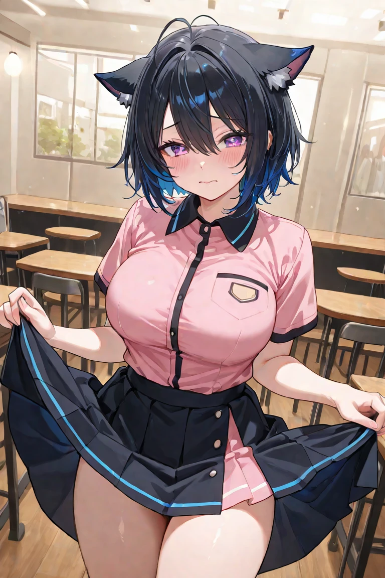 (Pieces fly, Highest quality, High resolution, Ticker, Pixel perfect, Depth of written border, In 4K),
1 Girl, alone, , Beautiful Anime Girls,
View your viewers,
Perfect body,
Gentle girlfriend,Manga scene short hair, Black Hair, Pink Eyes,
(Riding on top of a guy and having sex:1.6)
smile, Open your mouth, blush,
JK Huge , White shirt, big , Blue Ribbon,
classroom,
throw, Close-up shot, Twin tails