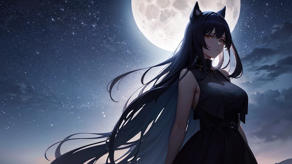 Beautiful moonlit night seaside, waves illuminated by moonlight, Calm and quiet waves、Very beautiful cat ears woman looking at you on the beach at night, mysterious smile, beautiful black eyes, long black hair, (( The woman's face is beautiful and detailed)), Wet and glowing, black dress, black semi-long cart, Barefoot)), ((highest quality)), ((high resolution 16k)), ((The background is realistic and beautiful.)), --automatic
