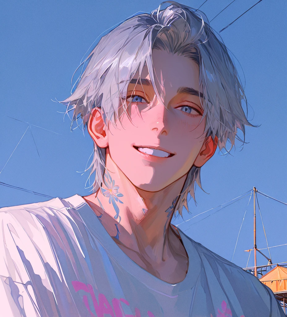 master piece, best quality, hyper detailed, ultra photo realistic, anime boy, ((gojo satorou), (jujutsu kaisen), white hair, purple blue coat, long full body shot, perfect smile, Gojo smiling, realistic, oily smooth skin, hyper detailed character art