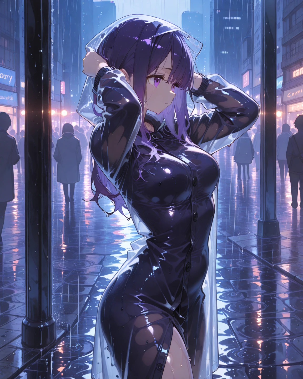 Masterpiece, realistic art, dynamic angle, slender toned build, pale skin, striking purple hair, shiny detailed eyes, tight black leather outfit with numerous straps and buckles ,cropped top that exposes her midriff , pair of short shorts with garter belts attaching to thigh-high stockings,rainy street, asphalt, white back light, night ,wet, underboobs 