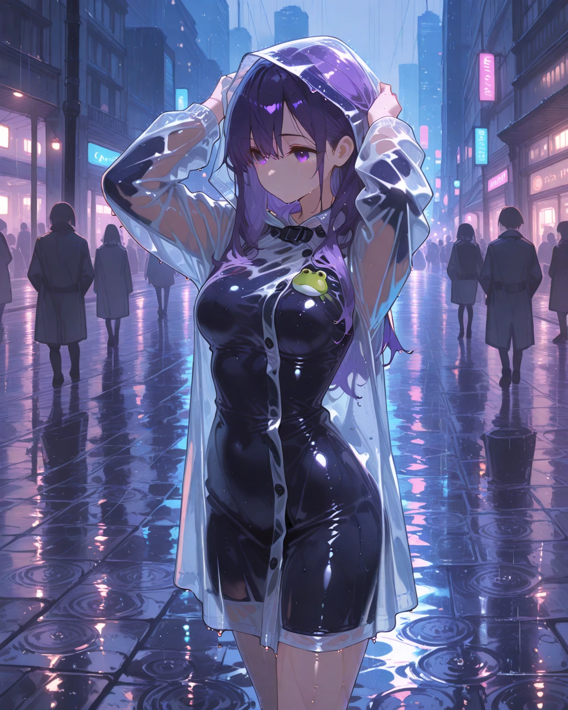 Ultra realism, Heavy rain during Paris fashion nighttime photoshoot of asymmetrical unusual model kneeling waist high in heavy floods wearing a translucent red wet plastic zaha hadid designed raincoat refracting rainbow diffusion specular highlights by Nabbteeri, ultra realistic, mobile gimball camera, agfa film, 4K, wide shot, 35mm lens, full body extreme closeup, focus on droplets, chiaroscuro by Nabbteeri,photorealistic, trending on instagram! official art, outdoors, pink eyes, purple hair, rain, reflection, solo, standing, transparent, very wide shot, wavy mouth, yu-gi-oh duel monsters, zipper, zipper pull tabard