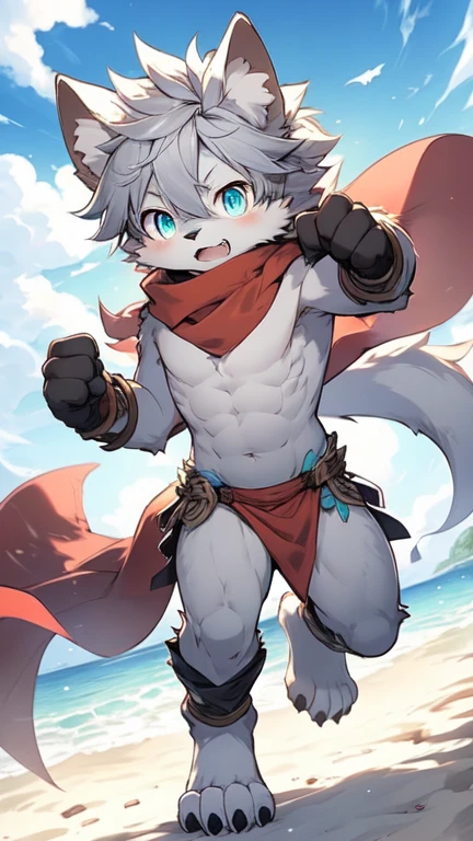 The only person，hairy male youth，hairy，White Wolf，canine，White fur，blue eyes，wearing a monocle，Stand up，Looking at the audience，Smile，Shirtless，Black shorts，Blue scarf，whole body，shy，Outdoor scenes，Take pictures