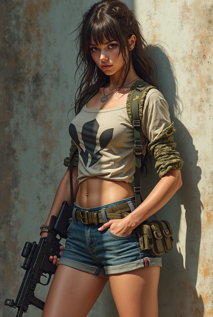 (best quality,8k,realistic photo,realistic skin texture,American female,beautiful Japanese woman,resides in America,wearing dirty white T-shirt and jeans,suspicious, bulletproof vest,rifle,short hair,urban warfare,caught in an incident,starts counterattack,dirty,motion-filled action pose,dramatic and bold composition,half-body,muscular,Zoom out)