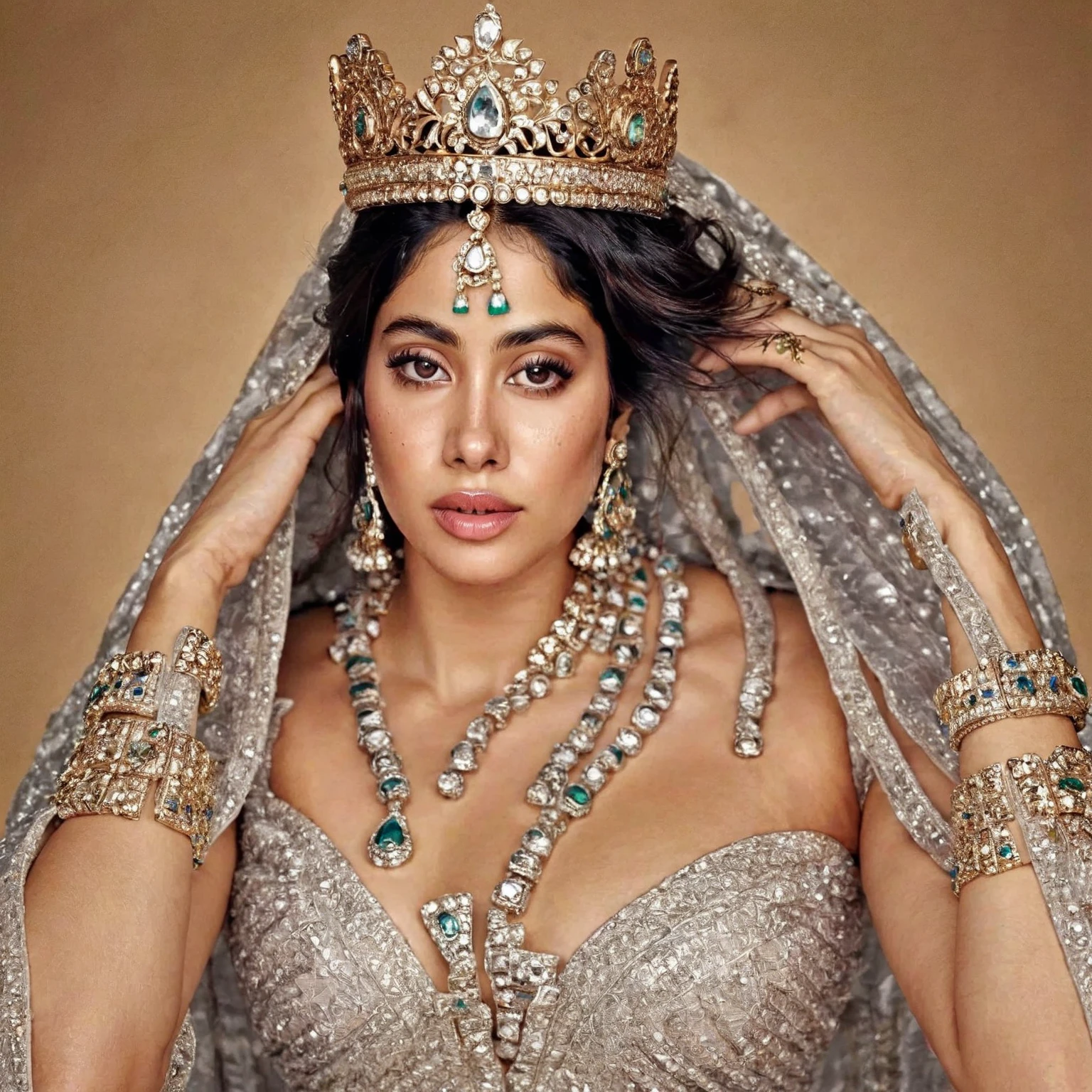 a color photo of a woman in a belly dance costume, she is dressed as a belly dancer, inspired by Earle Bergey, circa 1 9 6 9, circa 1969, covered in jewels, in costume, circa 1958, jeweled costume, 60's sci-fi pinup, circa 1970, sophia loren