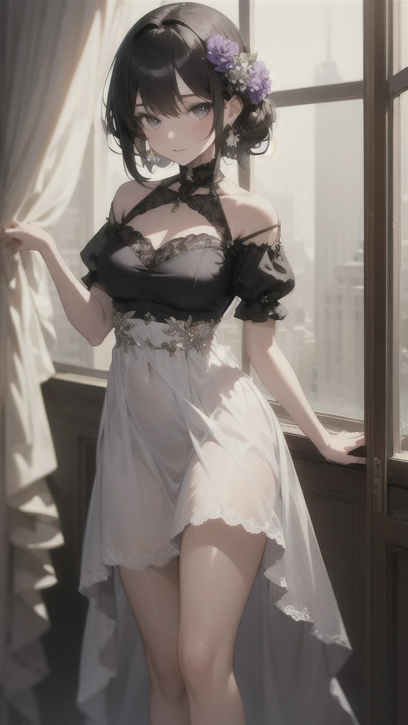 absurdres, RAW photo, extremely delicate and beautiful, masterpiece, Best Quality, ultra high resolution, 32k, hyperrealistic, ultra-detailed, delicate facial features, beautiful detailed woman, tearful mole, earring, medium breasts, full body shot, medium hair, black hair, ((Detective)),