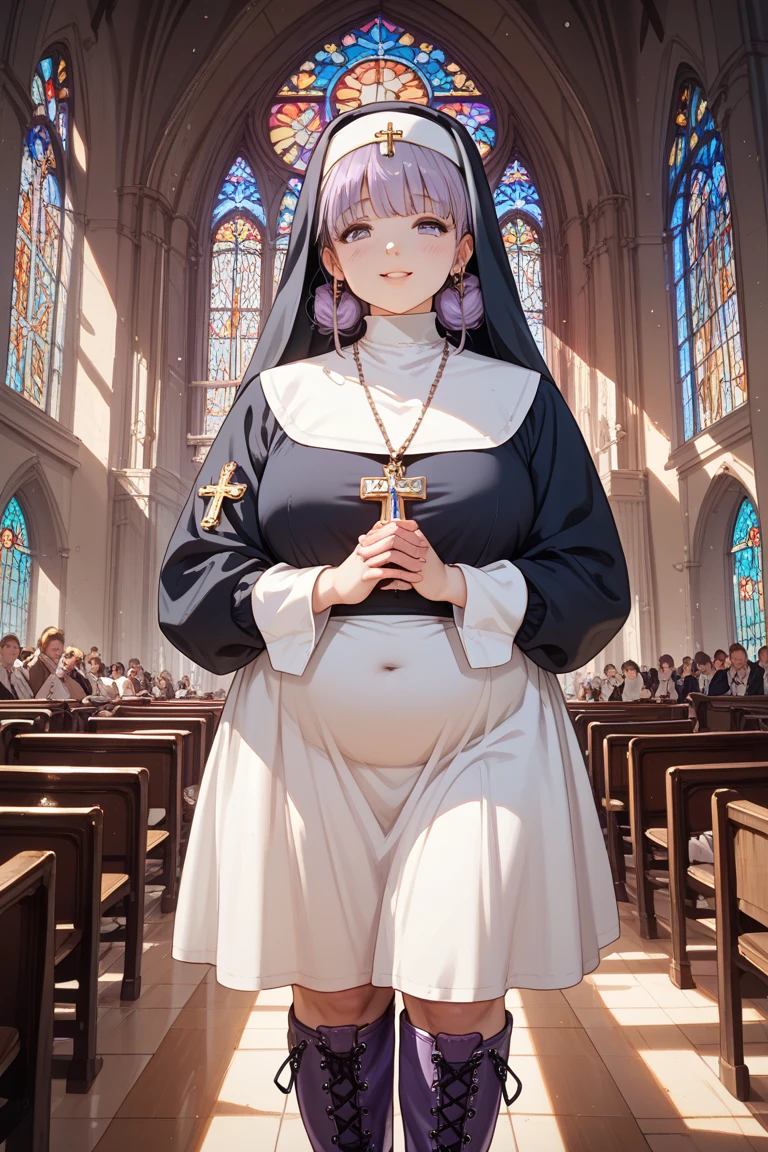 (solo:1.2), (1 praying skinny cute nun:1.3) standing in church, swinging back, (praying with holding hands together over chest:1.2), (tight sheer long black robe:1.6), narrow shoulders, (disproportionately gigantic breasts:1.3), (bursting perky breasts:1.3), (inconceivably narrow waist), too short torso, skinny long legs, closing eyes, nose blush, open mouth, (heavy breathing:1.4), stained glass in distance, full body, 8k, ultra-detailed, masterpiece, beautiful detailed hair, orgasm, (nsfw:0.2)
