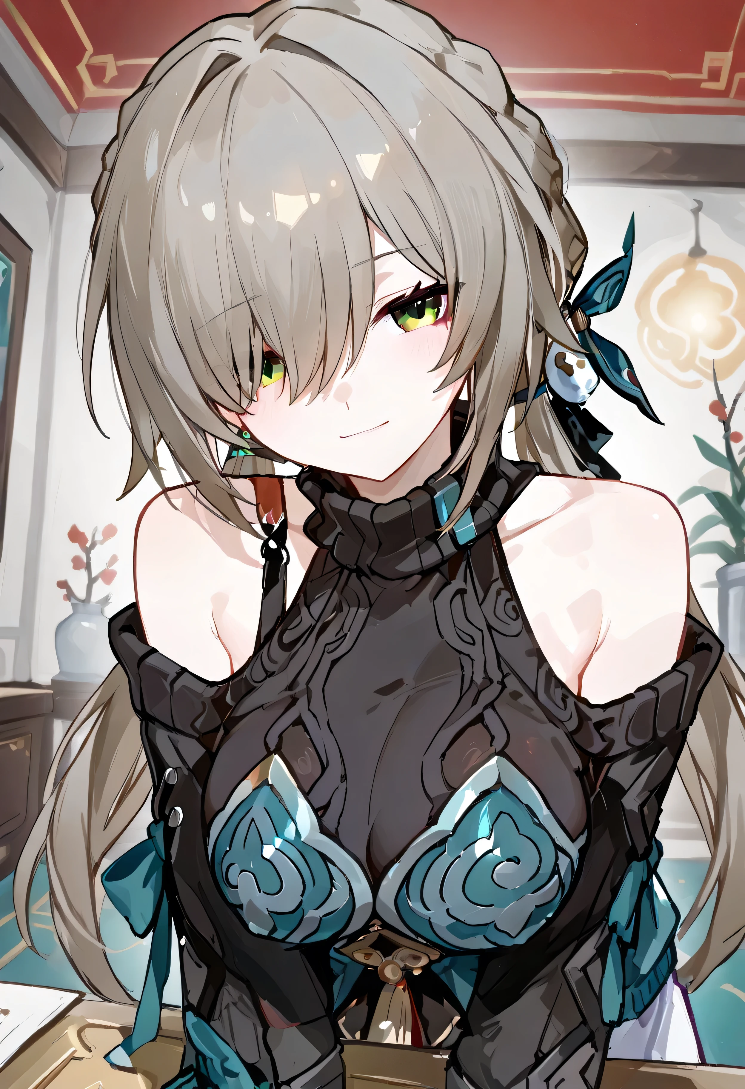 nsfw,748cmstyle,hair over one eye,big breasts,light smile,1girl,QingQue from honkai starrail,braid, low twintails,black off shourlder sweater,leaning foward