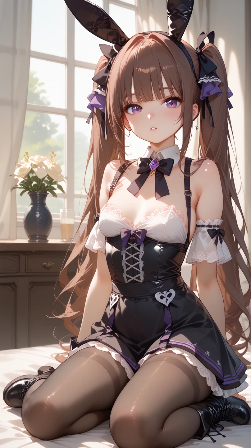 Stained Glass, 1girl in, Naked, Animal ears, Purple eyes, Brown hair, Wings, Solo, Long hair, blush, Cat ears, Flowers, Looking at Viewer, Braids, the bow, slutty dress, pink flowers, the bow, Hair Accessories, Bangs, Cats, Hair Flower, Animal ear hair, Holding, Virtual Youtuber, blue bow, holding animal, catwoman, stuffed toy,